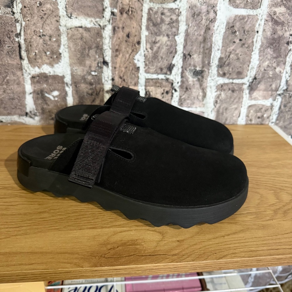 SOREL Viibe Women 10.5 Black Suede Platform Clog Gorpcore Slip On Top Strap - Picture 2 of 6